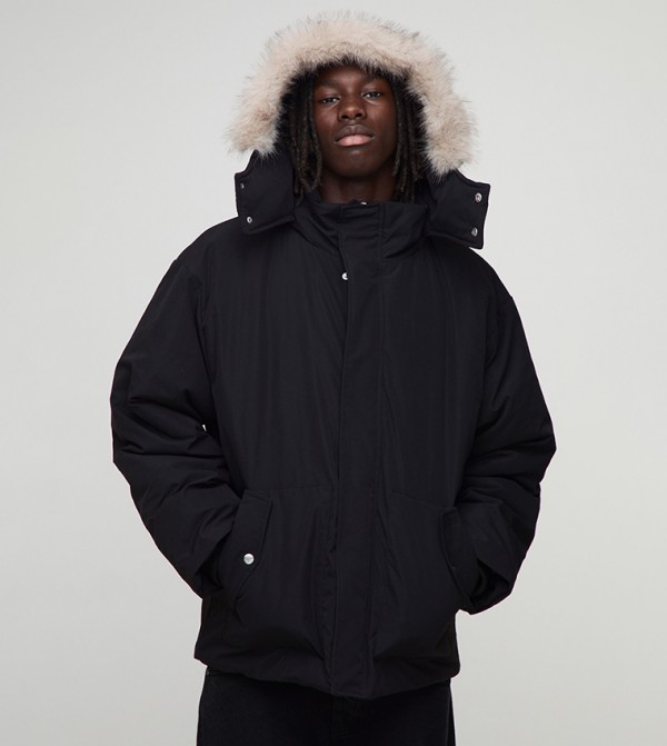 Faux Fur Trim Hooded Funnel Oversized Parka Jacket