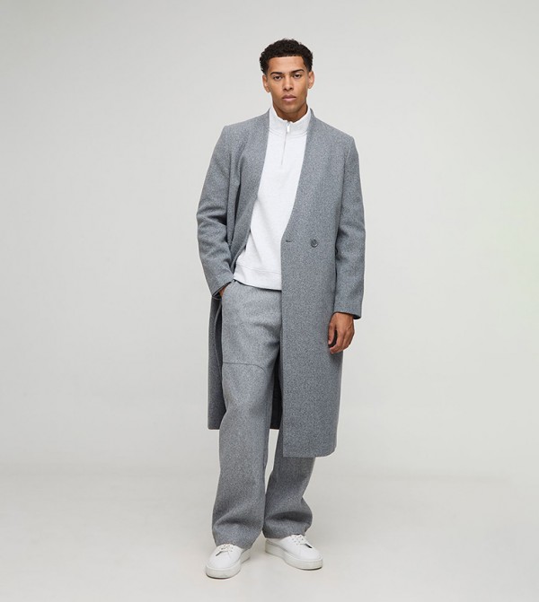 Double Breasted Collarless Melton Oversized Overcoat