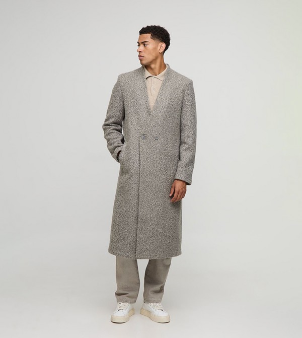 Double Breasted Collarless Melton Oversized Overcoat