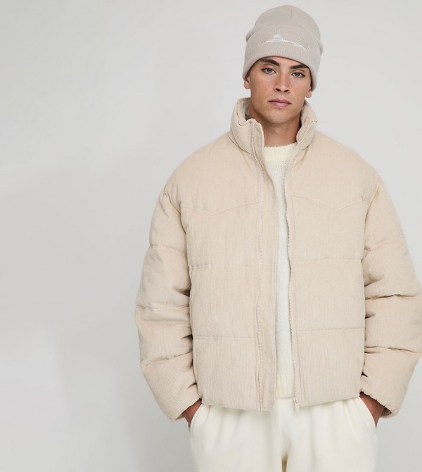 Western Yoke Detail Cord Funnel Neck Puffer Jacket