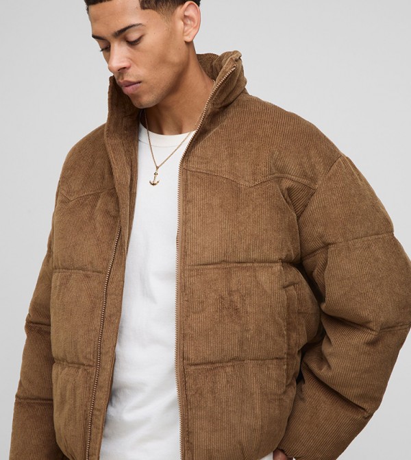 Regular Fit Western Yoke Detail Cord High Neck Puffer Jacket