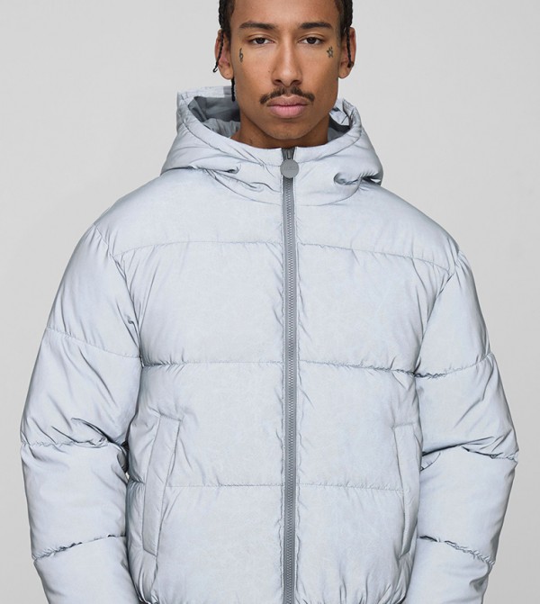 Crinkled Reflective Fabric Hooded Oversized Puffer Jacket