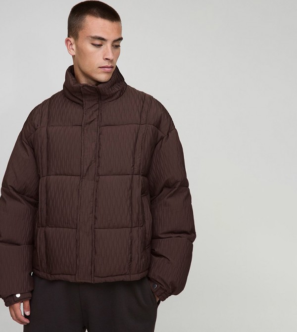 Textured Pintuck High Neck Boxy Puffer Jacket