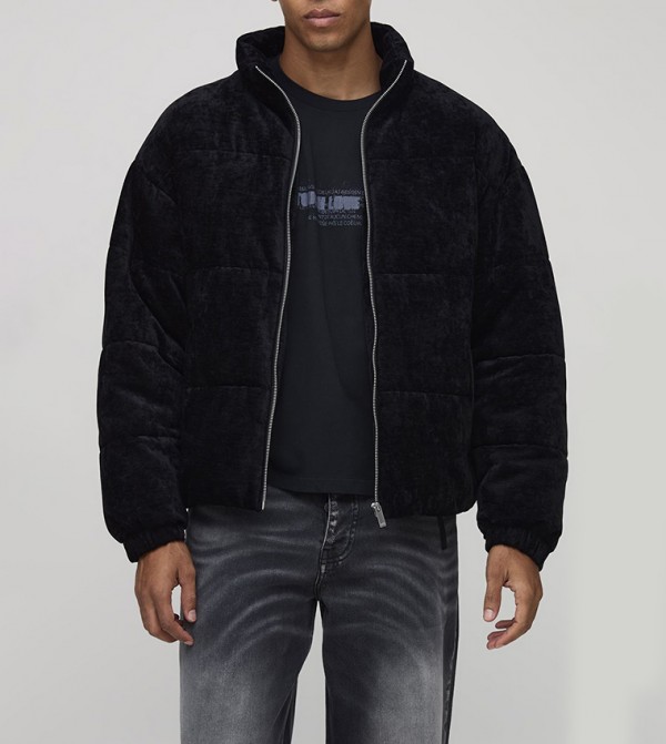 Textured Velvet Funnel Neck Puffer Jacket