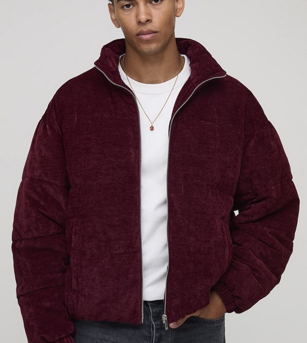 Textured Velvet Funnel Neck Puffer Jacket