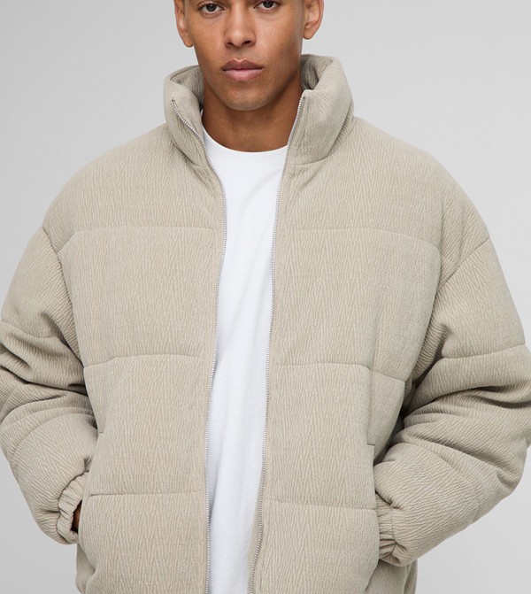 Textured Faux Suede Funnel Neck Puffer Jacket