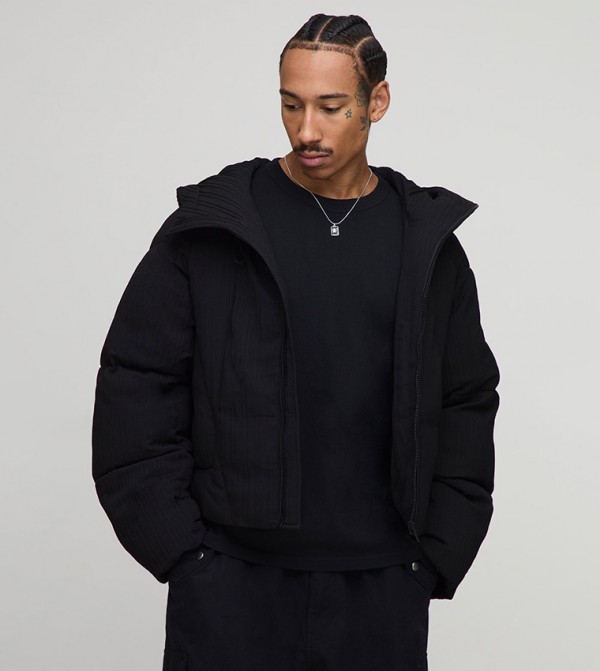 Regular Fit Textured Curved Panel Puffer Jacket