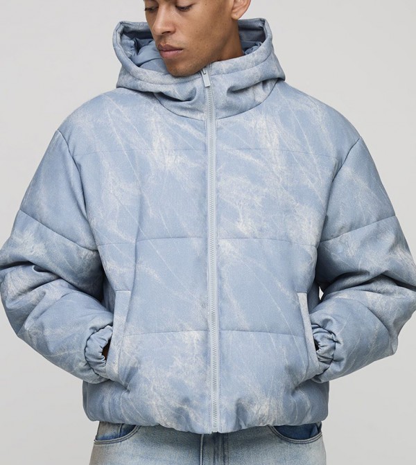 Denim Look PU Hooded Oversized Puffer Jacket