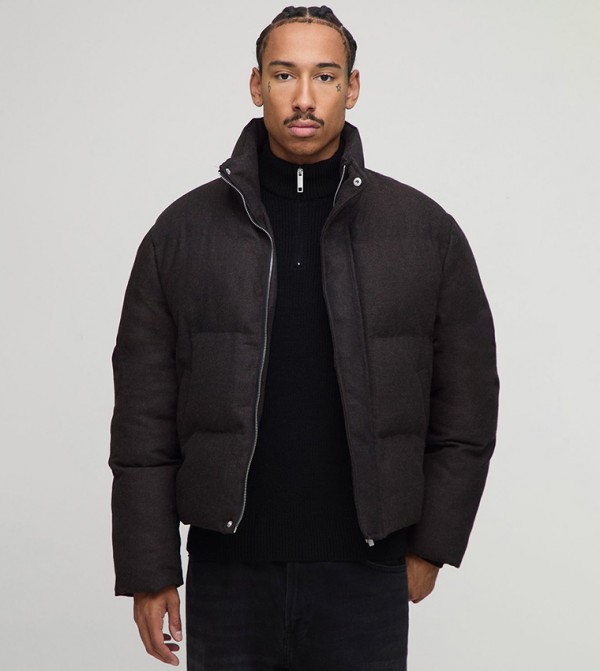 Check Funnel Neck Boxy Fit Puffer Jacket