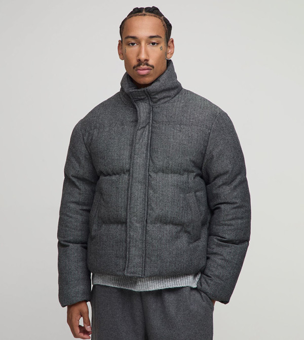 Check Funnel Neck Boxy Fit Puffer Jacket