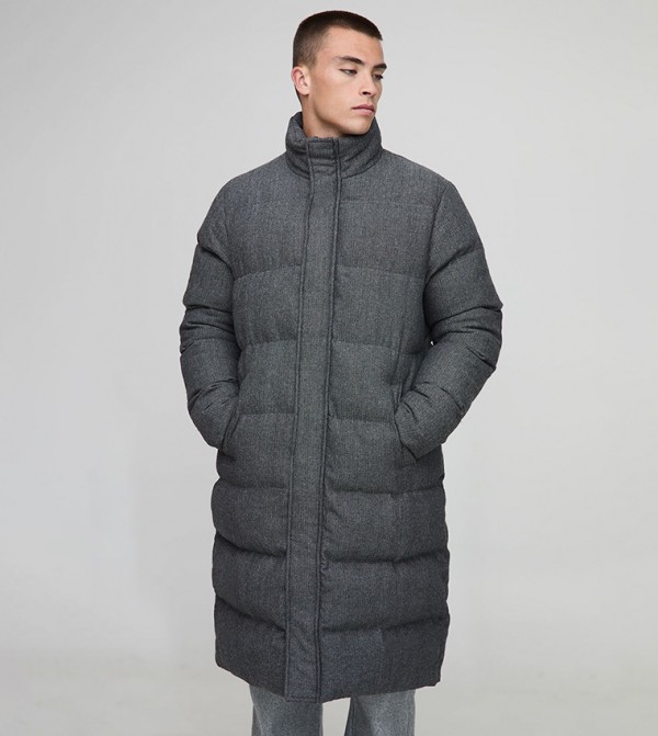 Regular Fit Checkered Longline Puffer Jacket