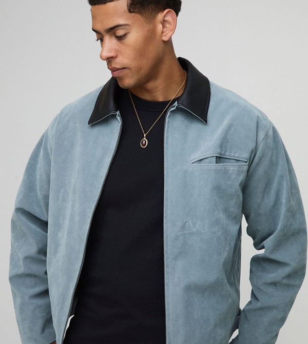 Boxy Contrast Collar Faux Suede Oversized Harrington Jacket
