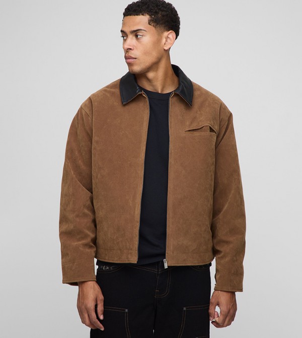 Boxy Contrast Collar Faux Suede Oversized Harrington Jacket