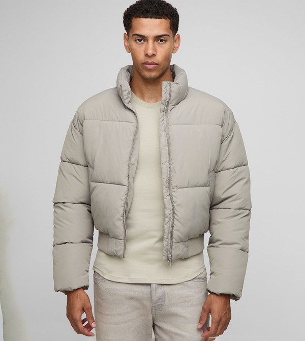 Boxy High Neck Bomber Hem Puffer Jacket