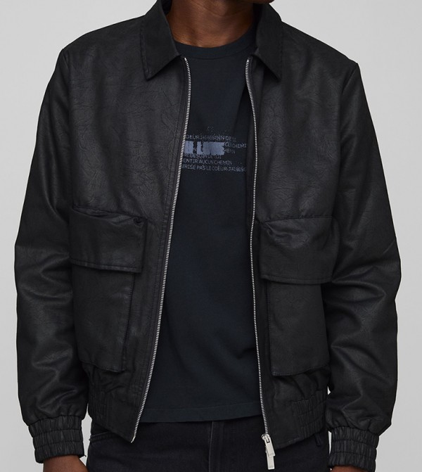Waxed Look Pocket Detail PU Bomber Jacket