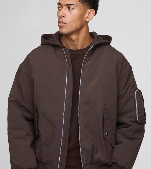 PU Applique Nylon Hooded Oversized Bomber Jacket