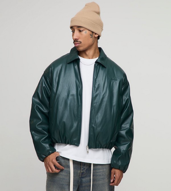 Padded PU Fold Collar Oversized Bomber Jacket