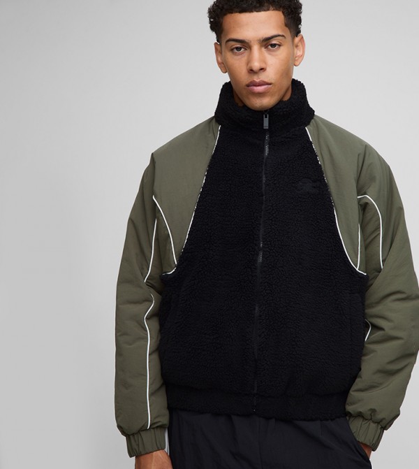 Regular Fit Borg And Nylon Mix High Neck Jacket