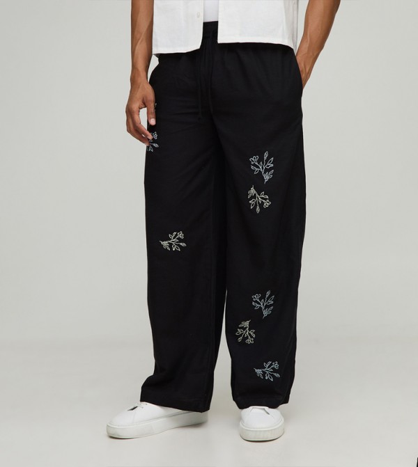 Elastic Waist Baggy Floral Embroidery Linen Blend Trousers