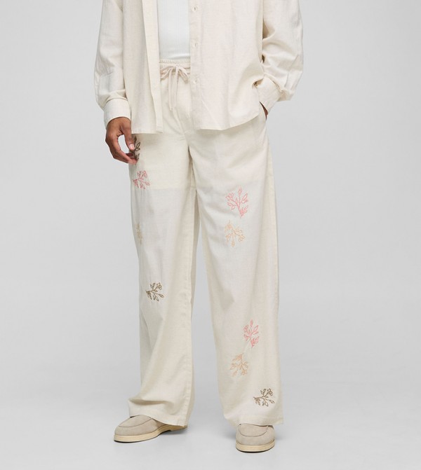 Floral Embroidered Elastic Waist Linen Blend Trousers