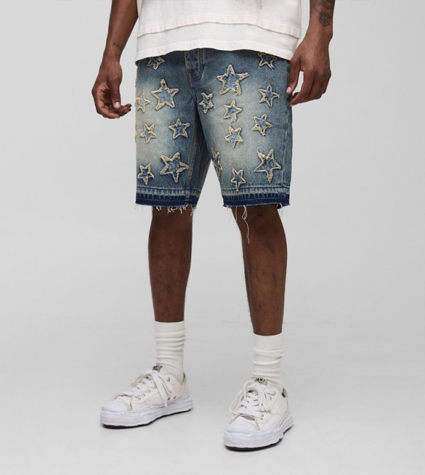 Tall Slim Fit Star Appliqued Denim Shorts
