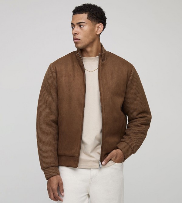 Textured Sleeves Faux Suede Funnel Neck Jacket