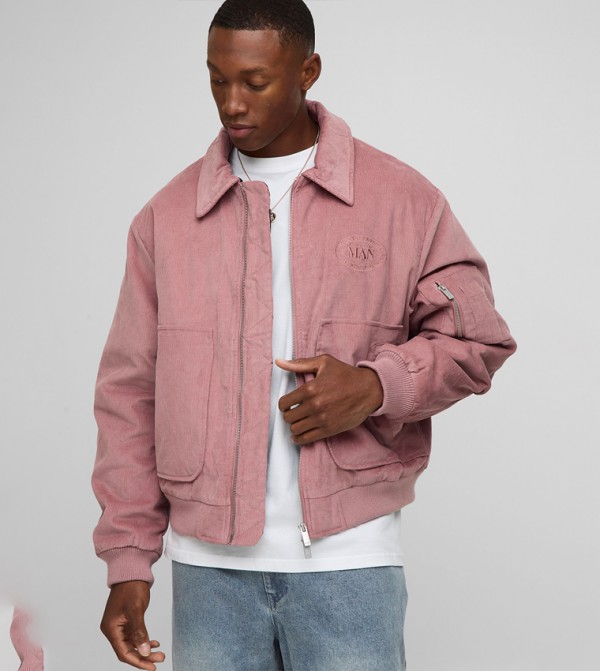 Oversized Fit Cord Collared Contrast Lining Bomber Jacket