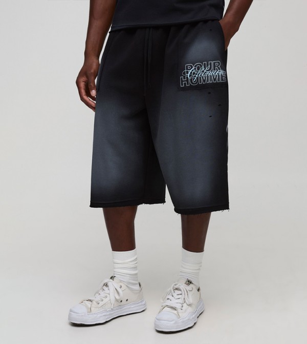 Relaxed Fit Flame Graphic Washed Distressed Jorts