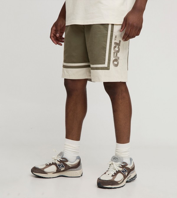 Elastic Waist Relaxed Fit Color Block Twill Shorts