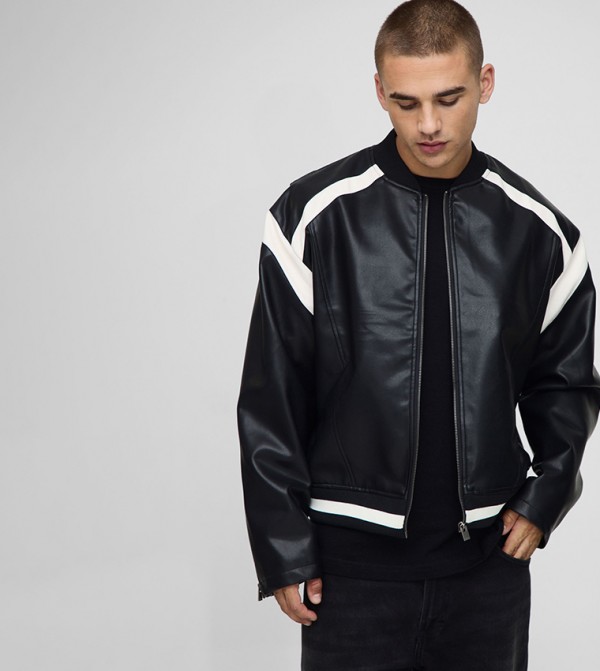 Regular Fit Moto Panel Detail Applique PU Bomber Jacket