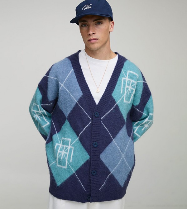 Drop Shoulder Diamond Oversized Cardigan