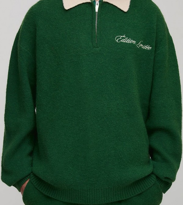 Varsity Applique Embroidered Oversized Polo Neck Sweater
