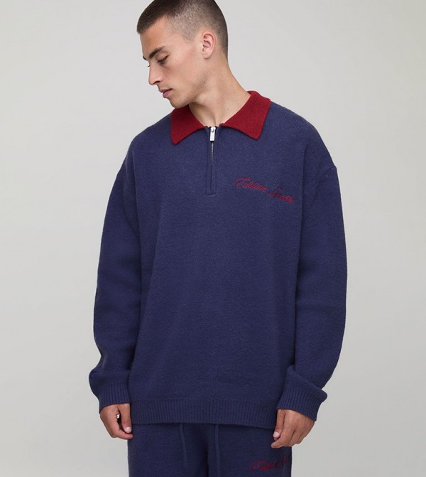 Varsity Applique Embroidered Oversized Polo Neck Sweater