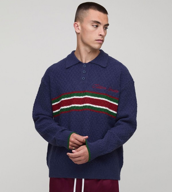Embroidered Panel Oversized Polo Neck Sweater