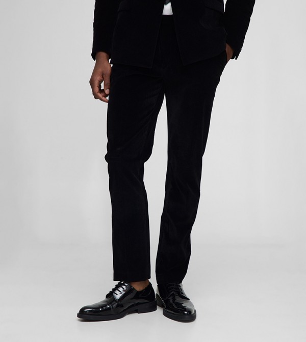 Solid Slim Fit Ribbed Velour Trousers