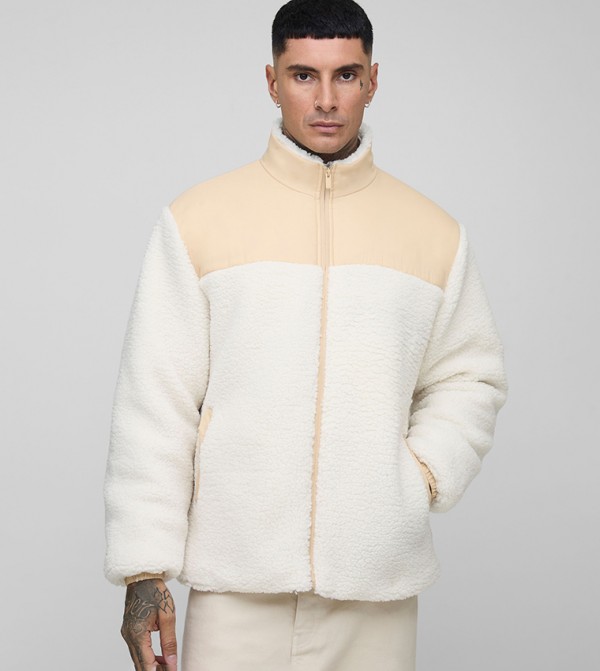 Tall Borg Zip-Through Nylon Panel Funnel Neck Jacket