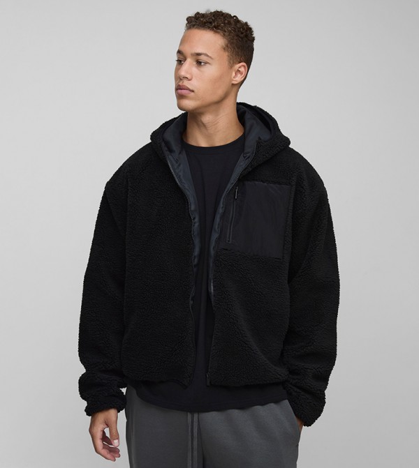 Buy BoohooMAN Tall Borg Zip Through Hooded Jacket In Black