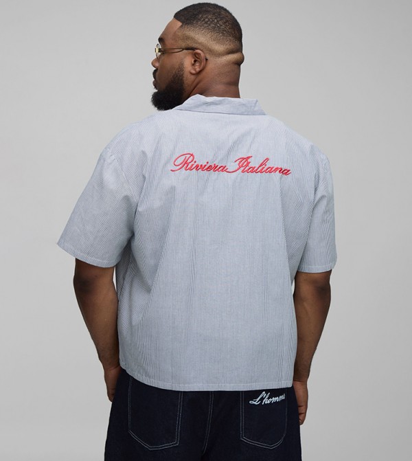 Plus & Tall Oversized Revere Striped Embroidered Shirt