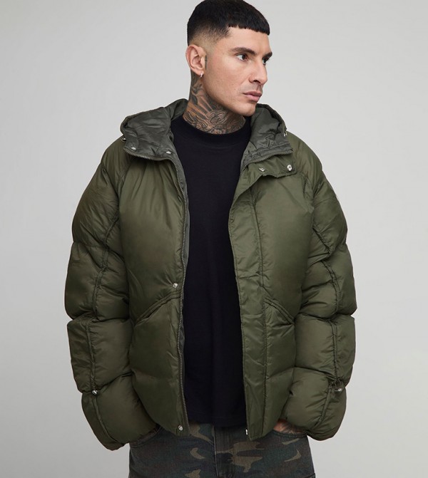 Tall Ruched Sleeves Panelled Oversized Puffer Jacket