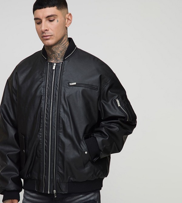 Tall  Leather Look Double Zip Oversized MA1 Bomber Jacket