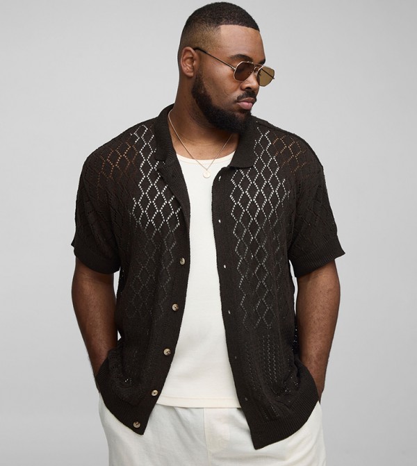 Open Stitch Crochet Short Sleeves Oversized Shirt