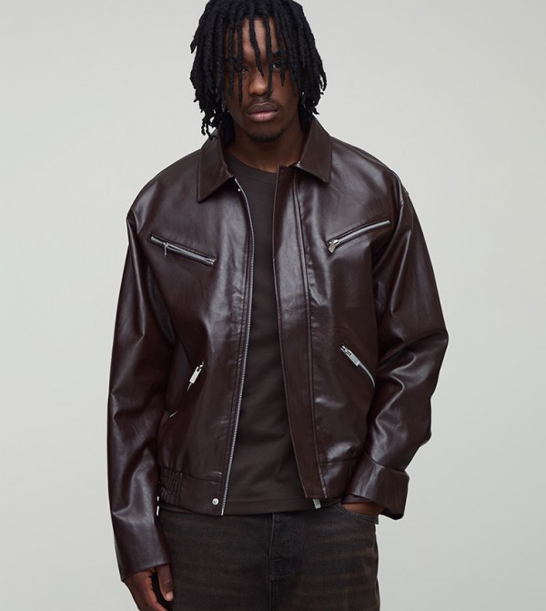 Tall Boxy Fit Zip Detail PU Collared Bomber Jacket