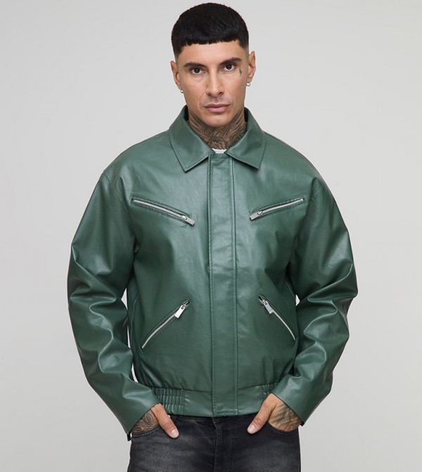 Tall Boxy Fit Zip Detail PU Collared Bomber Jacket