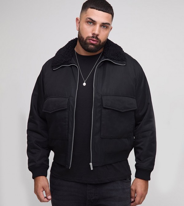Plus & Tall Regular Fit Borg Collar Nylon Bomber Jacket