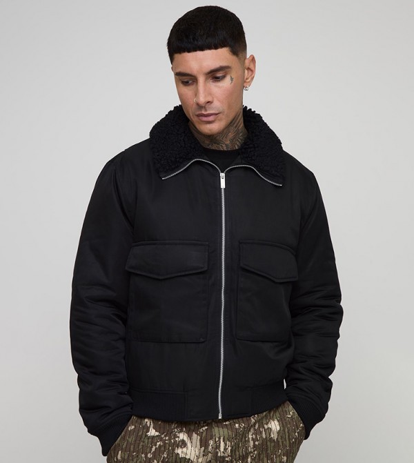 Tall Regular Fit Boucle Borg Collar Nylon Bomber Jacket