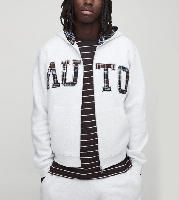 Check Applique Zip Through Hooded Jacket