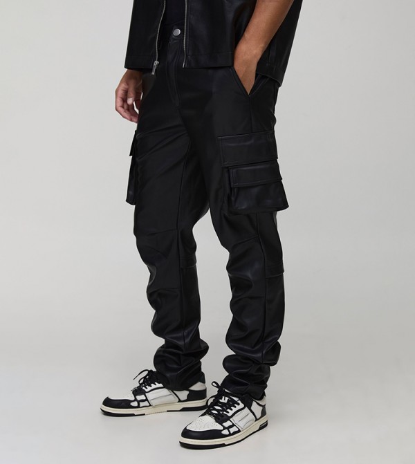 Tall Leather Look Multi Cargo Pocket Trousers