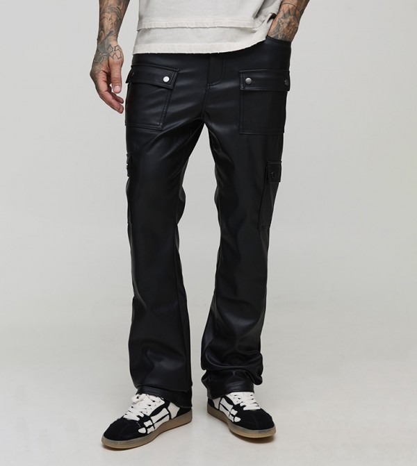 Tall Leather Look Flared Multi Cargo Trousers