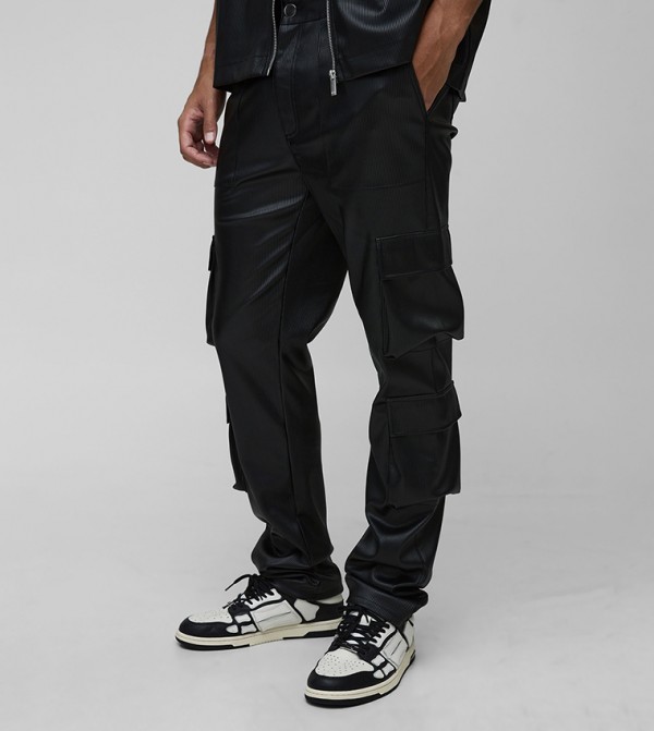 Tall Pleated PU Stacked Cargo Flared Trousers