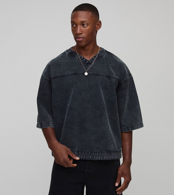 V-Neck Hockey Oversized Denim Shirt